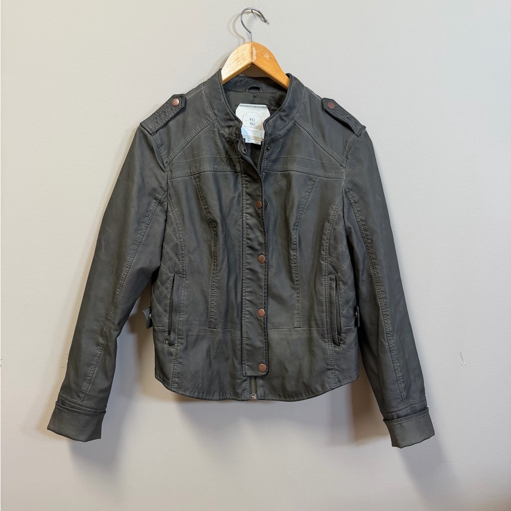 Anthropologie Hei Hei Faux Leather Moto Distressed Green / Grey Zip Up Jacket